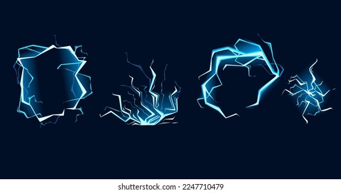 Set of Blue lightning hit effect cartoon style design vector illustration on dark blue background