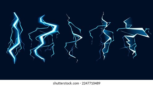 Set of Blue lightning hit effect cartoon style design vector illustration on dark blue background