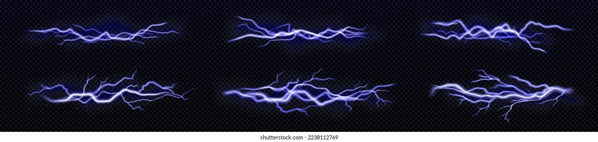 Conjunto de efectos de rayo azul o perno de brillo aislado sobre fondo transparente. Ilustración vectorial realista del ataque eléctrico brillante de neón, descarga de energía, crack, impacto, flash de energía mágica