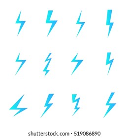 Set of blue lightnings isolated over white background. Cartoon and flat style design elements. Vector illustration