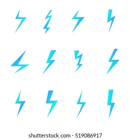 Set of blue lightnings isolated over white background. Cartoon and flat style design elements. Vector illustration