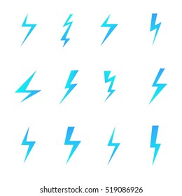 Set of blue lightnings isolated over white background. Cartoon and flat style design elements. Vector illustration
