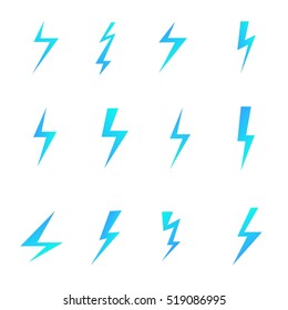 Set of blue lightnings isolated over white background. Cartoon and flat style design elements. Vector illustration