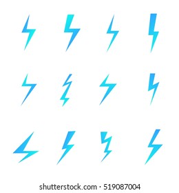 Set of blue lightnings isolated over white background. Cartoon and flat style design elements. Vector illustration