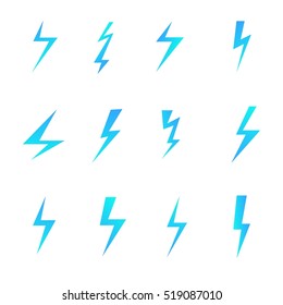 Set of blue lightnings isolated over white background. Cartoon and flat style design elements. Vector illustration