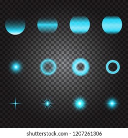 A set of blue lights.Blue bokeh and lights on transparent background. flashes and sparkles with glare beams , twinkling glitter lights on transparent background. Vector. Eps10.