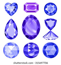 Set of blue, lilac gems isolated on white background, vector illustration