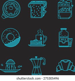 Set of blue line design vector icons for breakfast menu on black background.