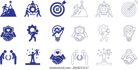 A set of blue line icons representing business success, teamwork, leadership, and achievement, presented in a distinctive silhouette style.