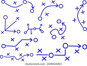 Conjunto de ícones de linha azul que mostram diagramas de estratégia de esportes com setas, círculos e marcas de X. Ideal para treinamento, planejamento de jogos, táticas e apresentações esportivas.