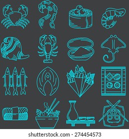 Set of blue line vector icons for seafood menu on black background. 