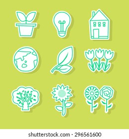 Set of blue line vector icons pot, bulb, house, earth, leaf, flowers, tree in the green background.