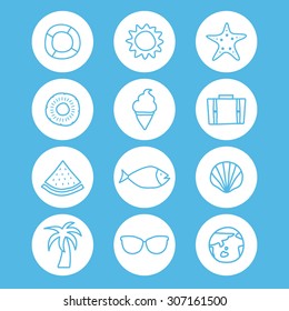 A set of blue line vector icons for summer vacation, background, pattern.
water melon, fish, clam, shellfish, palm tree, sunglasses, earth, tube, sun, starfish, pine apple. ice cream, travel bag.