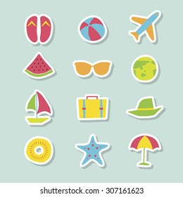 A set of blue line vector icons for summer vacation, background, pattern.
pine apple, starfish, beach sandal, travel bag, hat, boat, water melon, sunglasses, earth, beach ball, air plane, umbrella.