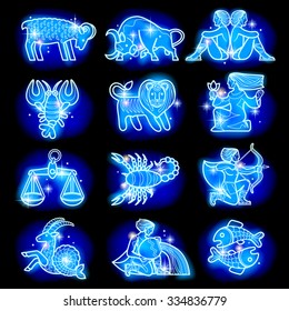 Set of blue linear zodiacal signs with figures on dark starry background. Horoscope figures with stars. Vector illustration