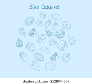 Conjunto de postres de pasteles de lino azul sobre fondo azul celeste, Elementos en forma de círculo. Diseño para la tarjeta postal de la cafetería o impresión. Anuncio o Web de estilo lindo para la tienda de confitería.