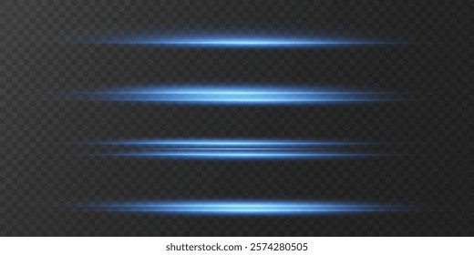 Set of blue lines. Flash of neon laser beams. On a transparent background.