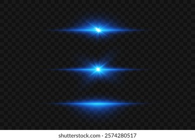 Set of blue lines. Flash of neon laser beams. On a transparent background.