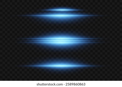 Set of blue lines. Flash of neon laser beams. On a transparent background.