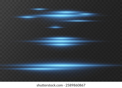 Set of blue lines. Flash of neon laser beams. On a transparent background.