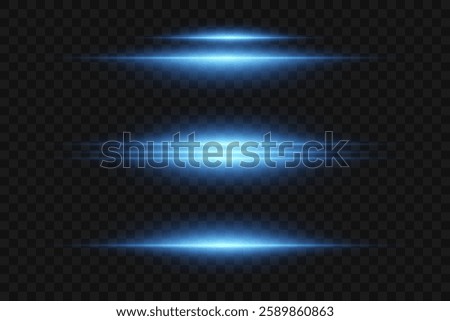Set of blue lines. Flash of neon laser beams. On a transparent background.
