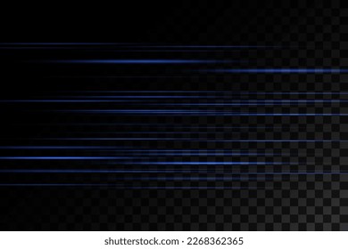 Conjunto de líneas azules, vigas láser, vigas de luz brillantes con destellos y polvo sobre un fondo transparente. ilustración vectorial