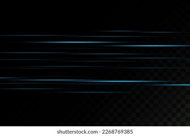 Set of blue lines, laser beams, bright light beams with sparkles and dust on a transparent background. vector illustration