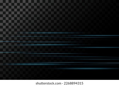 Set of blue lines, laser beams, bright light beams with sparkles and dust on a transparent background. vector illustration