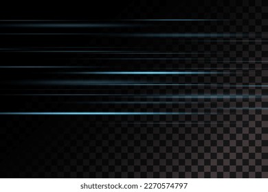 Set of blue lines, laser beams, bright light beams with sparkles and dust on a transparent background. Vector illustration