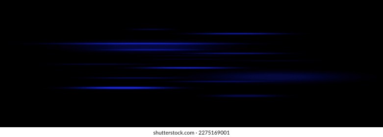 Set aus blauen Linien, Laserstrahlen, hellen Lichtstrahlen mit Funkeln und Staub auf schwarzem Hintergrund. Vektorgrafik