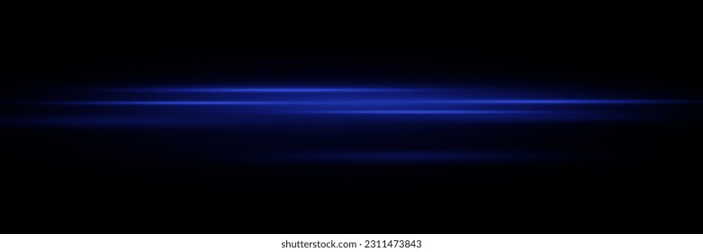Conjunto de líneas azules, vigas láser, vigas de luz brillantes con destellos y polvo sobre un fondo negro