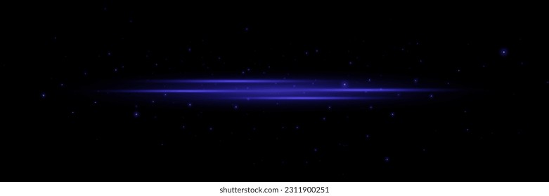 Set of blue lines, laser beams, bright light beams with sparkles and dust on a black background