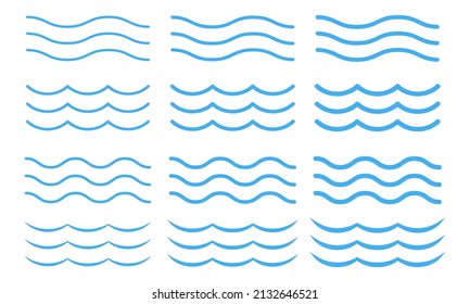 Set with blue lines water waves. Sea and ocean waves. Blue wave vector pattern.