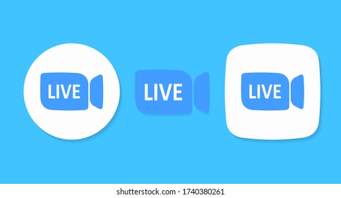 A set of blue Live camera icons isolated on a light background. Live button. Icons for blog, stream, story, live broadcast, online broadcasting. Vector illustration