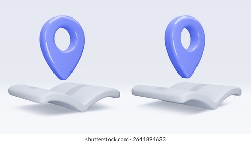 Set blue location pointer om map, book, placemark, marker of map, navigation pin sign. 3d GPS icon. Sign for searching on map direction. Vector render illustration isolated on white background