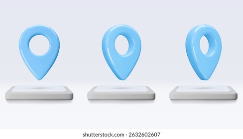 Set blue location pointers on tablet, placemark, marker of map, navigation pin sign. 3d GPS icon. Sign for searching on map direction. Vector render illustration isolated on white background