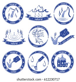A set of blue logos with banners on the topic of pure mineral water from natural sources.