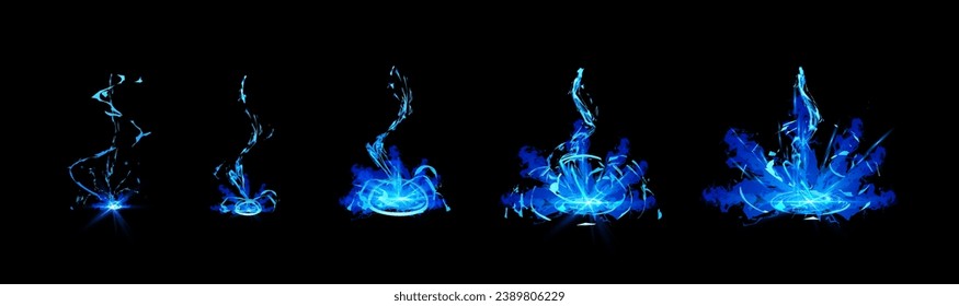 Set of blue magic effects for computer games flat style, vector illustration isolated on black background. Decorative design elements collection, cartoon lightnings