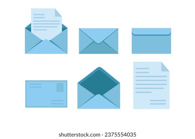 Set blue Mail flach Symbol, Vektordesign, E-Mail oder E-Mail einzeln auf weißem Hintergrund