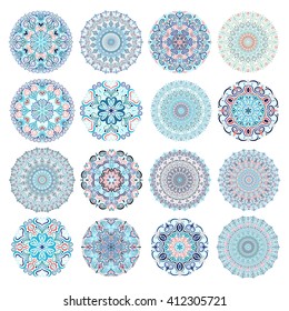 Set of blue mandalas. Decorative round ornaments. Anti-stress therapy patterns. Weave design elements. Yoga logos, backgrounds for meditation poster. Unusual flower shape. Oriental snowflakes vector.