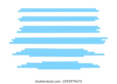 Set of blue marker lines. Different transparent freedrawn pen or brush underlines for important text emphasis or highlighting isolated on white background. Vector realistic illustration.