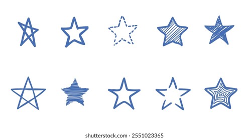 Conjunto de estrelas de doodle marcador azul caneta