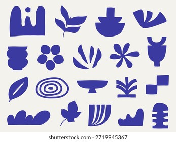Conjunto de matisse azul inspirado abstrato formas de recorte, incluindo vasos e folhas para design de boho moda padrão