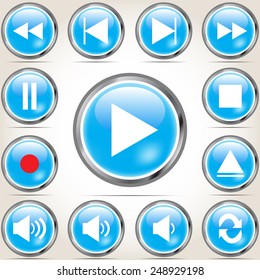 Set of blue Media buttons with shadow 