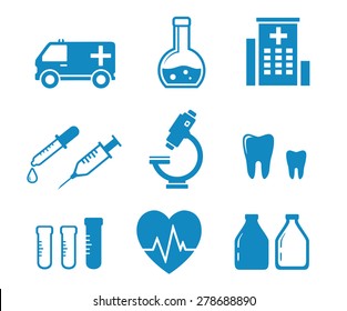 set blue medical industry objects on white background