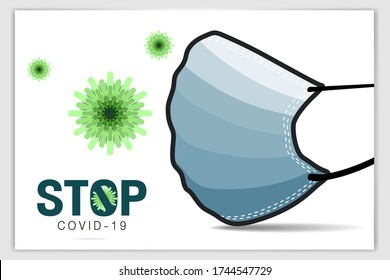 Set a blue medical mask with the symbol of Covite-19 in green to prevent infection and bad air. Illustration...