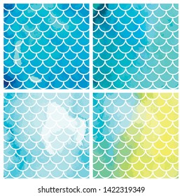 Set of blue mermaid scales. Fish scales. Underwater sea pattern. Vector illustration. Perfect for print design for textile, poster, greeting card, invitation.