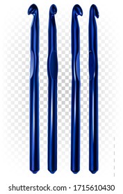 Set of blue metal hooks for knitting in different angles. Crochet tools. Vector 3d illustration isolated on white transparent background. Needlework, handiwork, handmade.