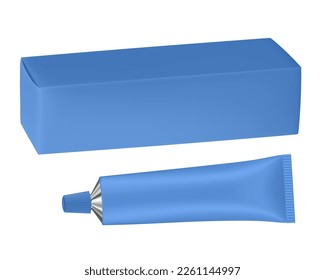 Set of blue metal tube and box. Realistic mockup. Ointment or salve. Korean packaging. Blank cardboard package