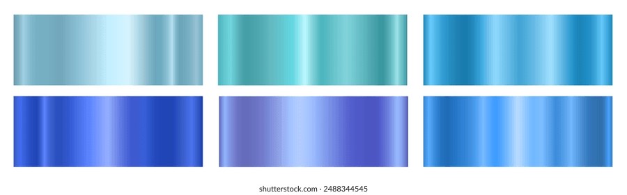 A set of blue metallic glossy gradients on a white background Texture of a smooth metal surface. Vector illustration.